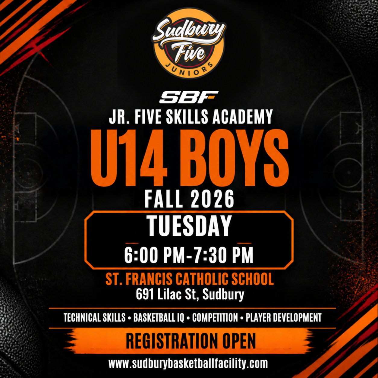 Jr. Five U14 boys: Tuesdays 6–7:30 p.m., St. Francis, 691 Lilac Street, Sudbury